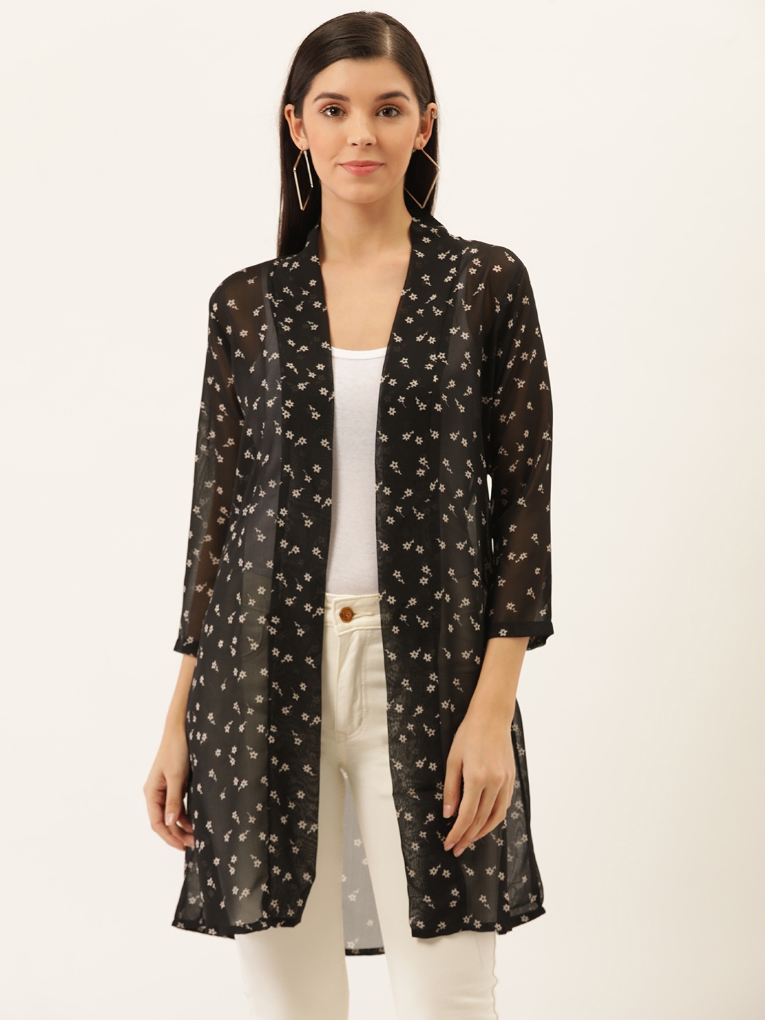 

Darzi Women Black & White Sheer Floral Print Open Front Shrug