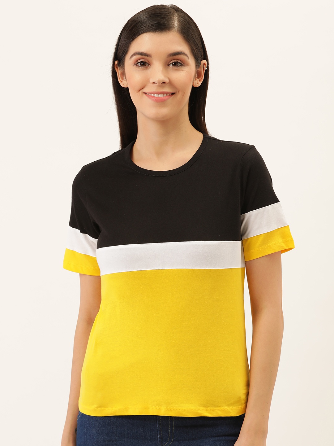 

Darzi Women Yellow & Black Colourblocked Round Neck T-shirt