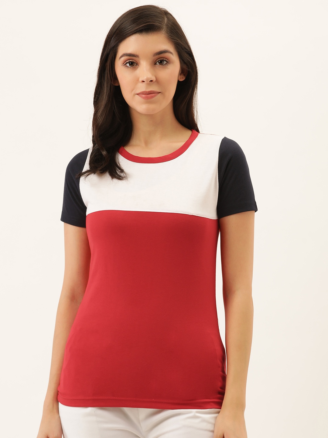 

Darzi Women Red & White Colourblocked Round Neck T-shirt