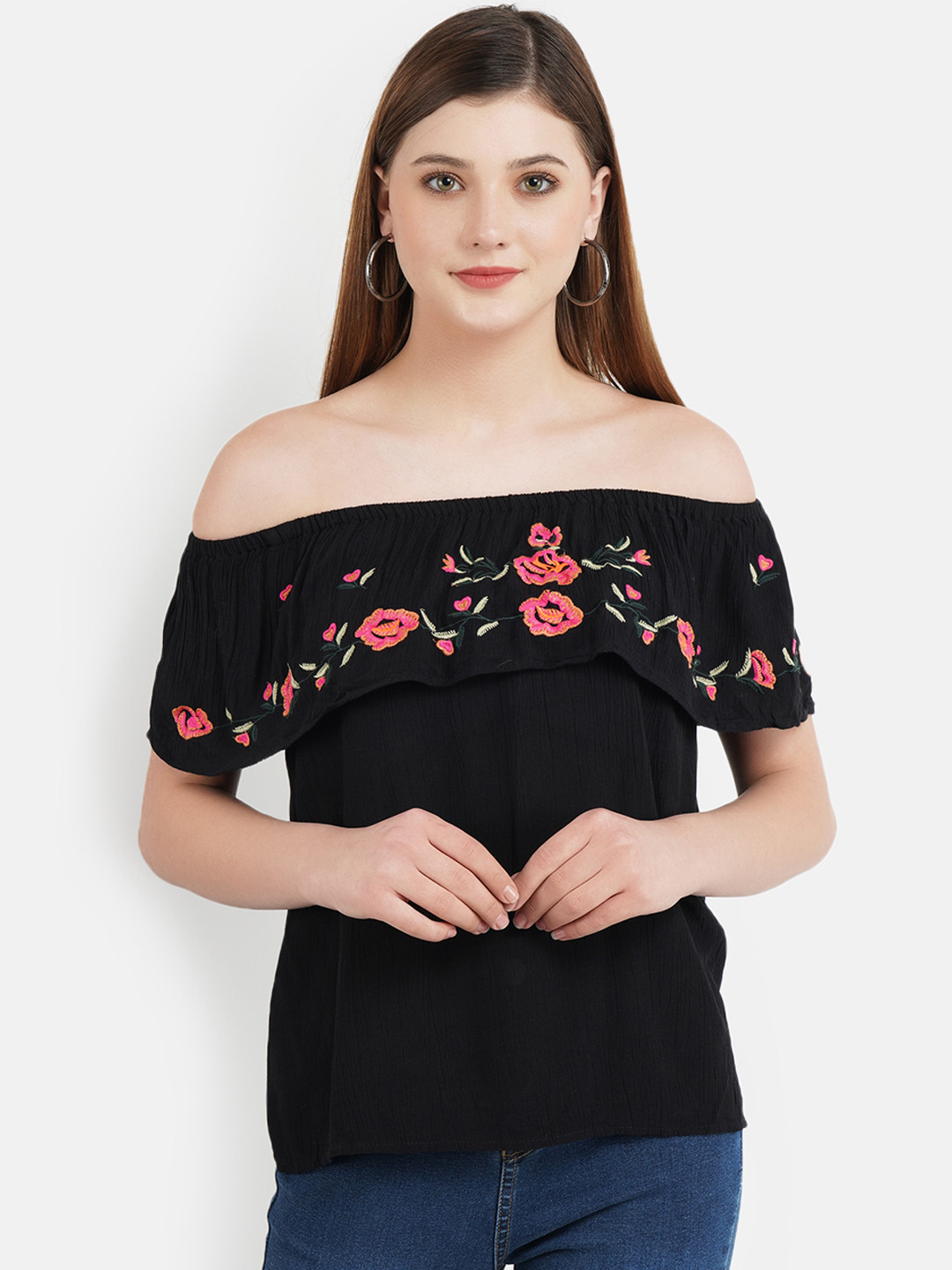 

Aditi Wasan Women Black & Pink Embroidered Bardot Top