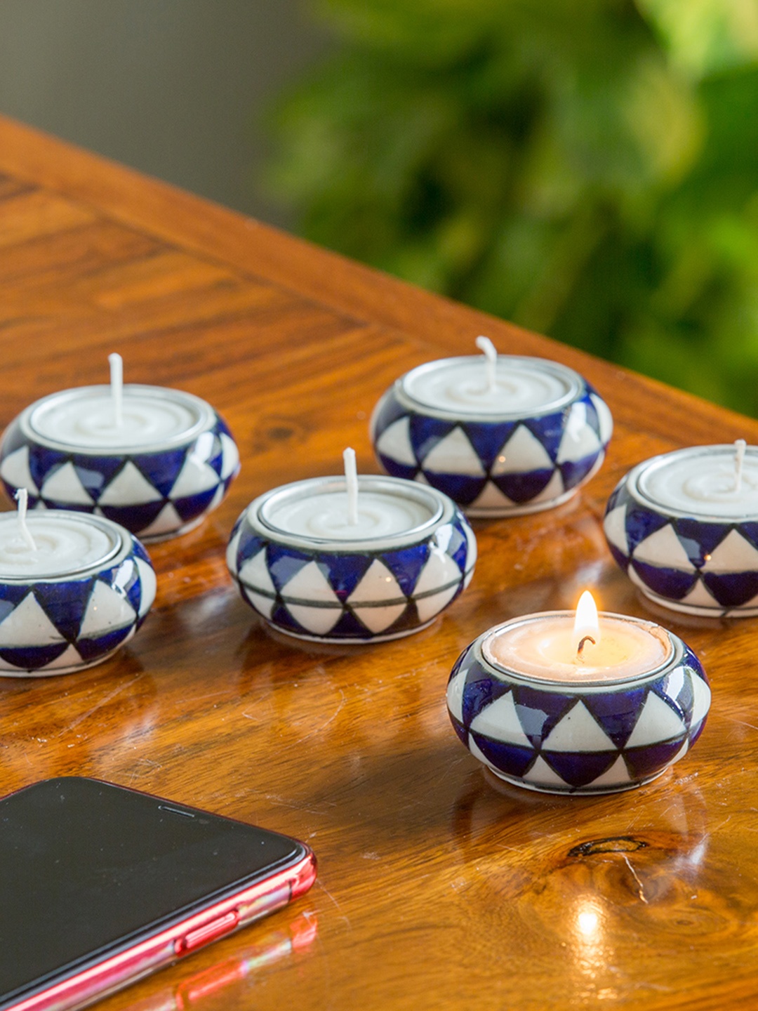 

ExclusiveLane Set of 6 Blue White Shimmering Mughals Hand-painted Tea-Light Candle Holders