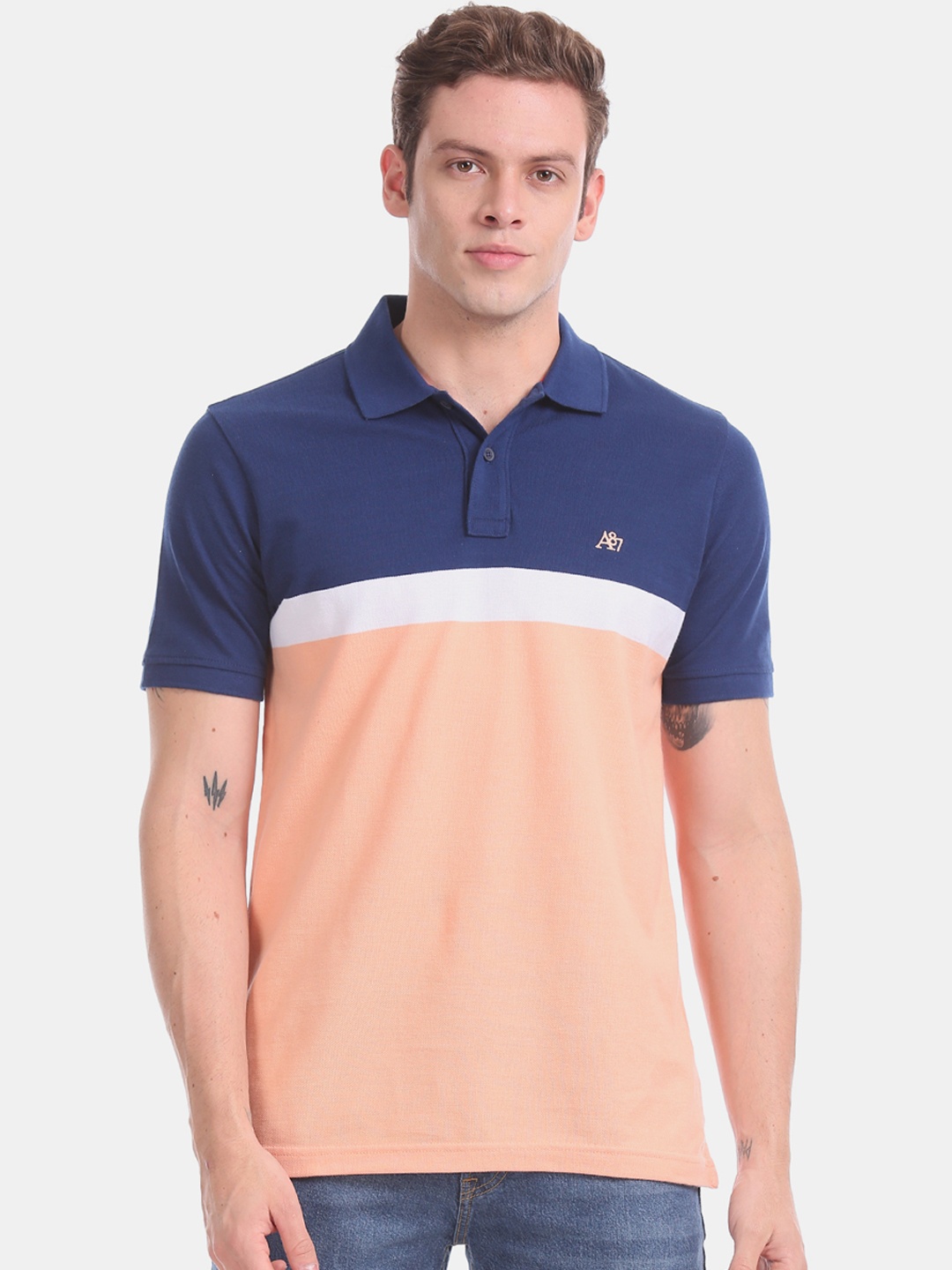 

Aeropostale Men Navy Blue Peach-Coloured Colourblocked Polo Collar Pure Cotton T-shirt