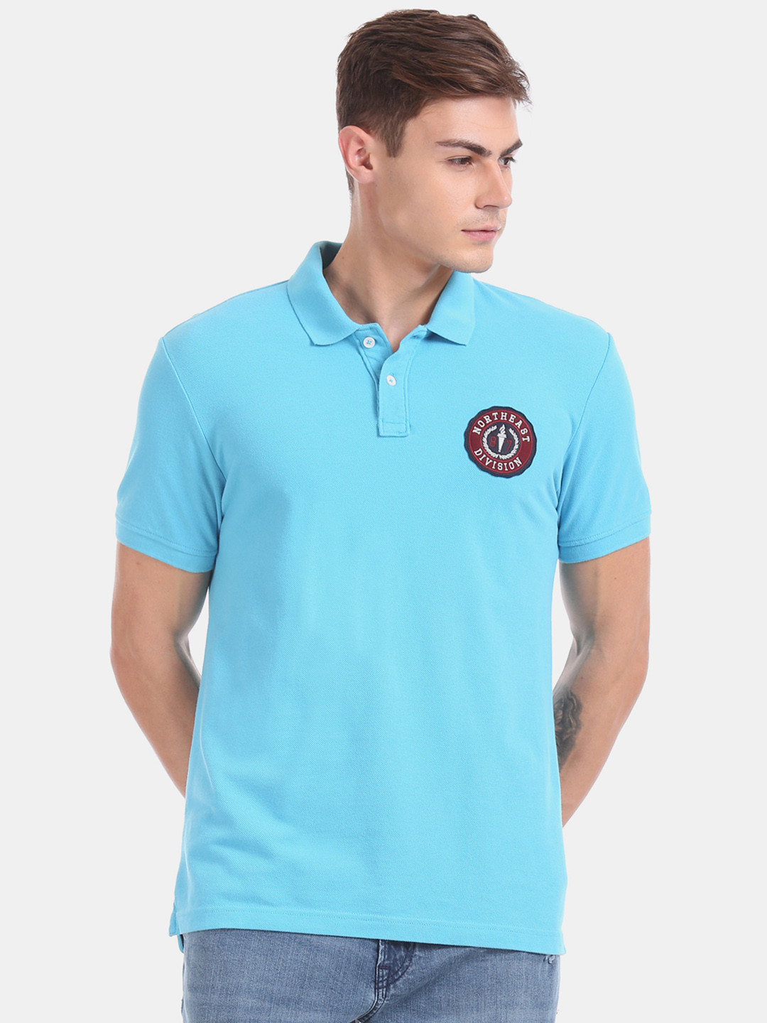 

Aeropostale Men Blue Solid Polo Collar Pure Cotton T-shirt