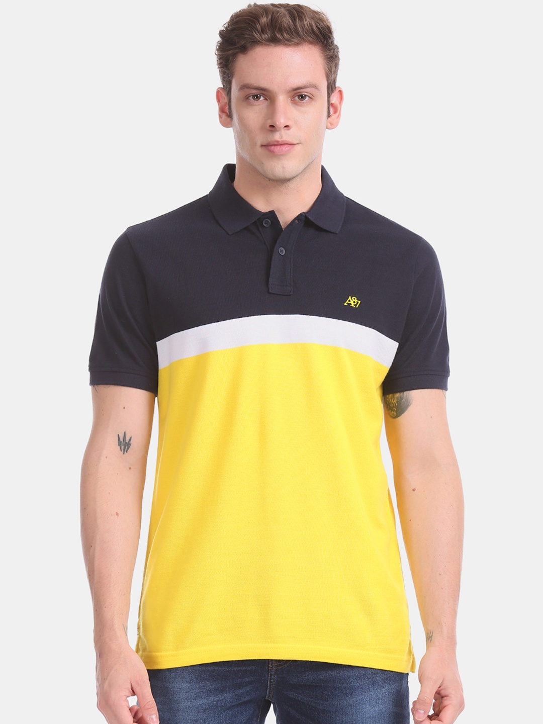 

Aeropostale Men Navy Blue Yellow Colourblocked Polo Collar Pure Cotton T-shirt