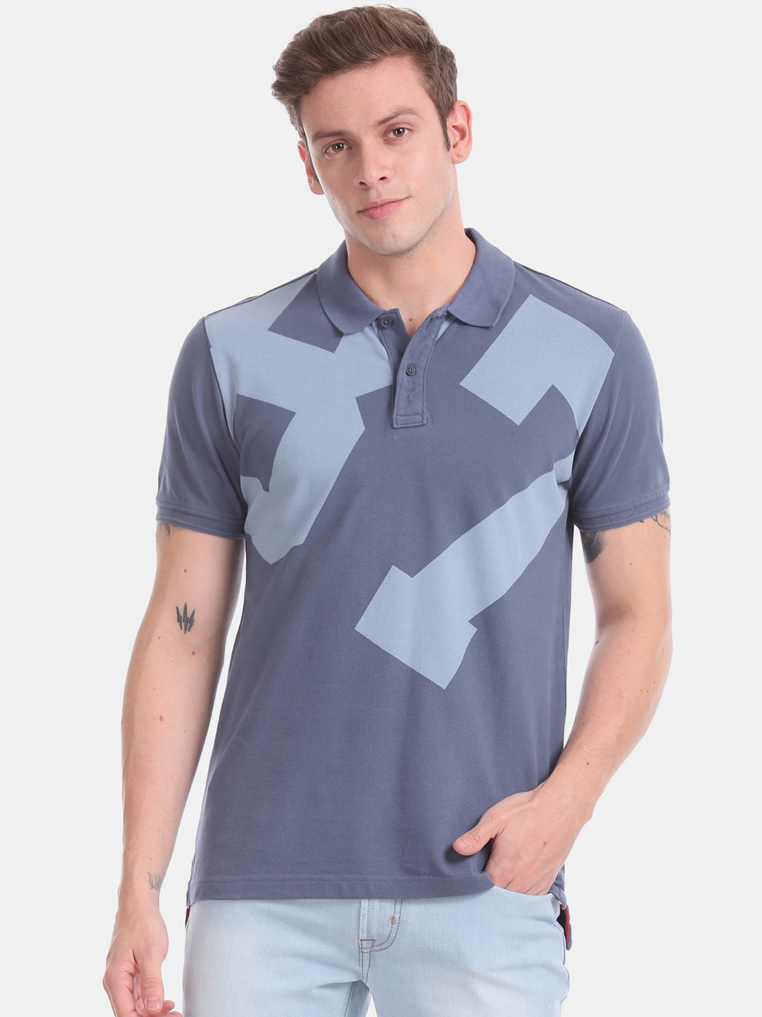 

Aeropostale Men Blue Printed Polo Collar Pure Cotton T-shirt