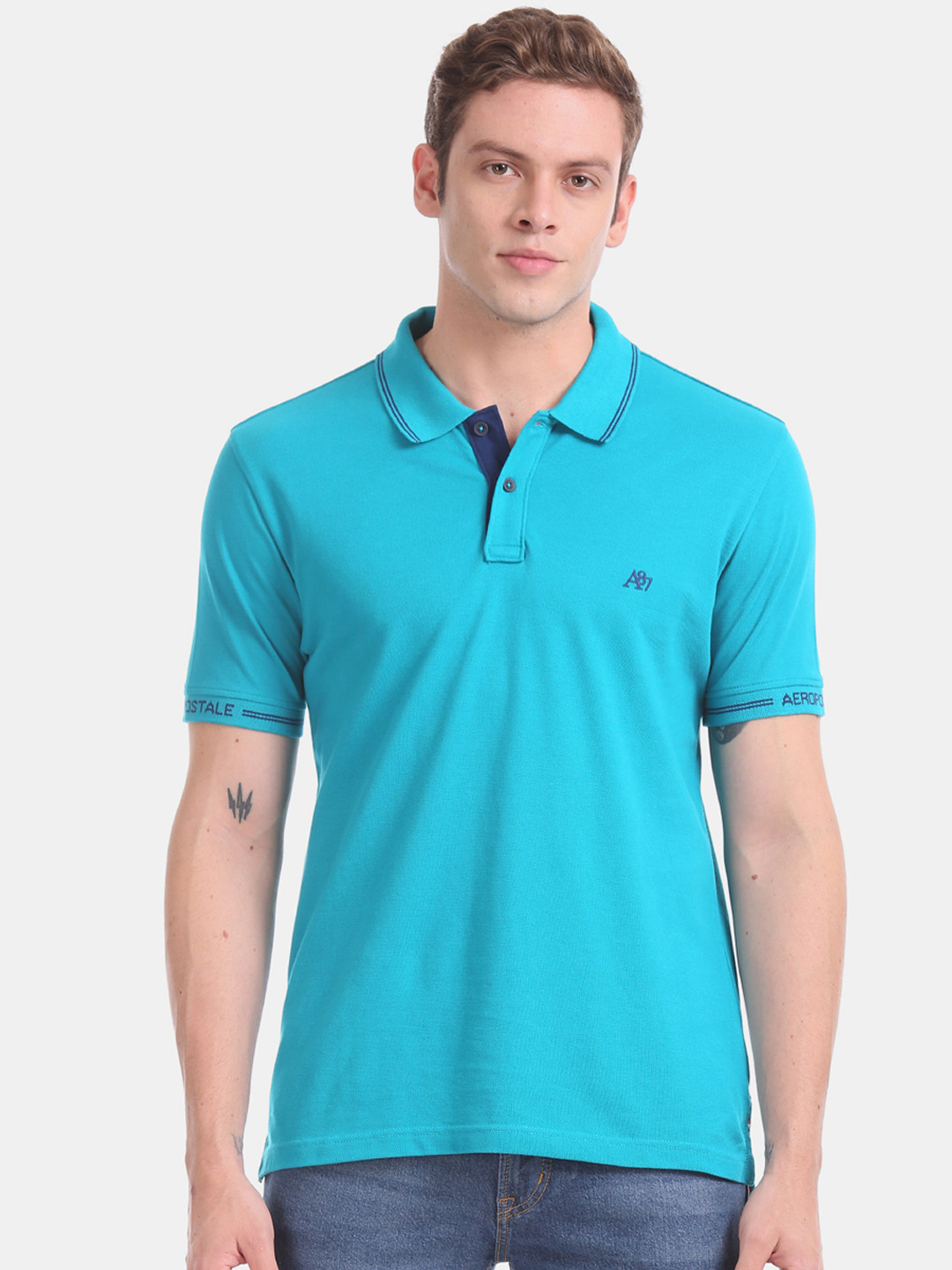 

Aeropostale Men Blue Solid Polo Collar Pure Cotton T-shirt