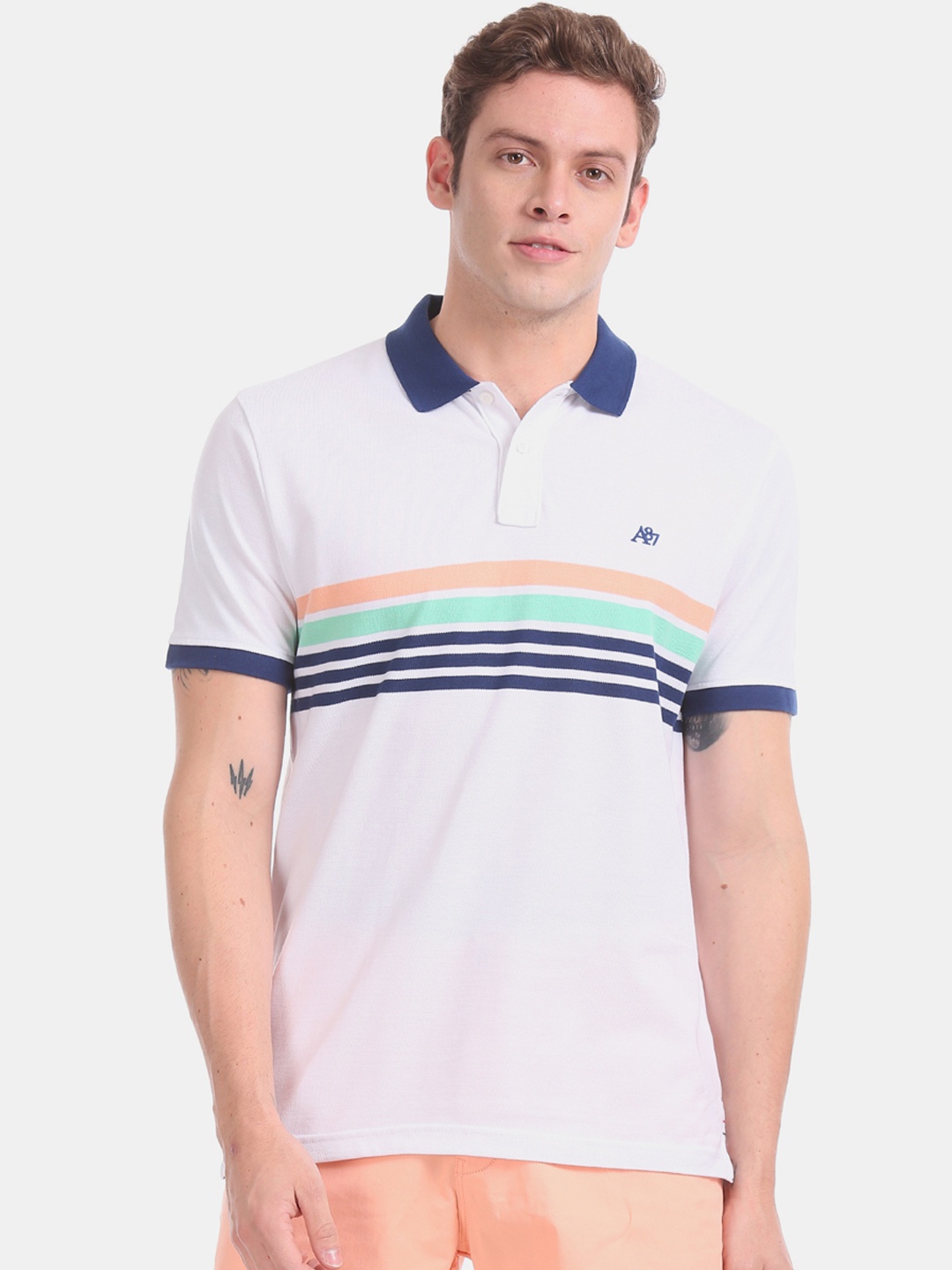 

Aeropostale Men White Navy Blue Striped Polo Collar Pure Cotton T-shirt