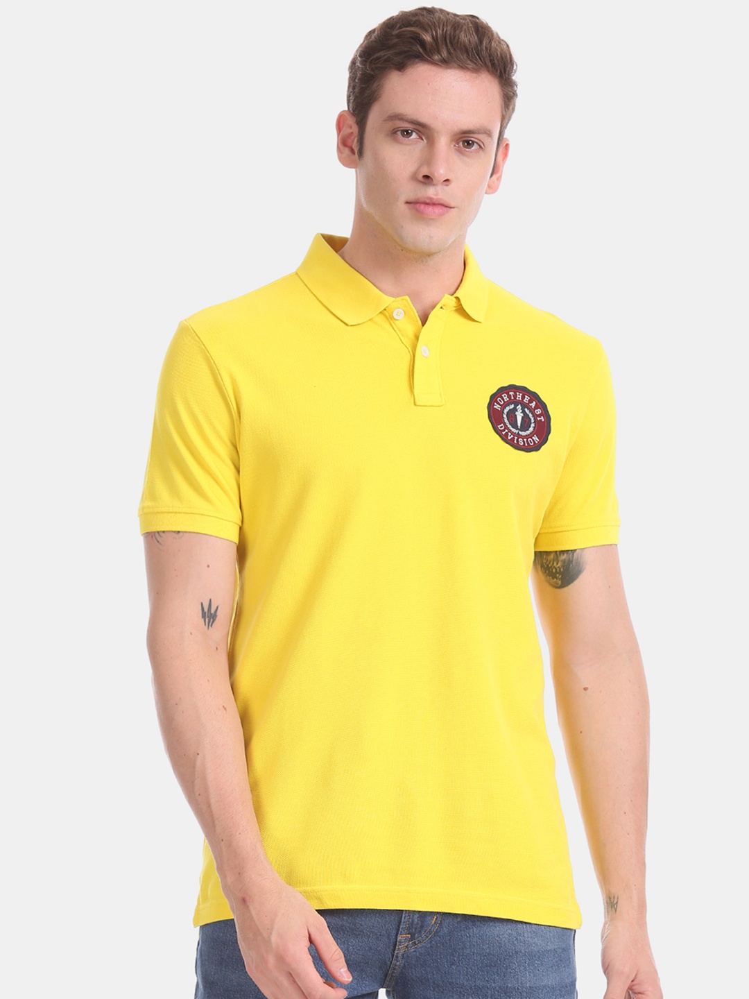 

Aeropostale Men Yellow Printed Polo Collar Pure Cotton T-shirt