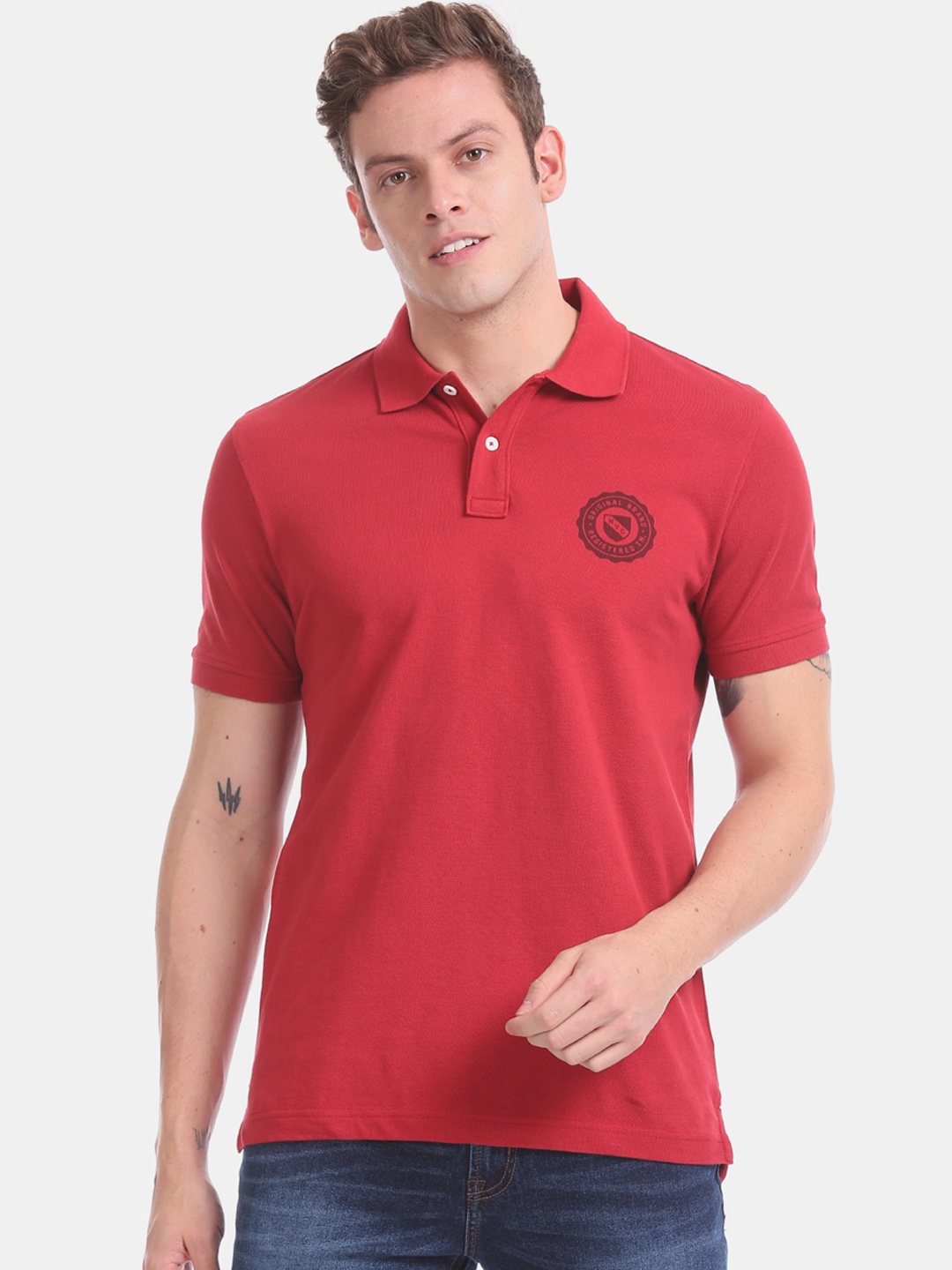 

Aeropostale Men Red Printed Polo Collar Pure Cotton T-shirt