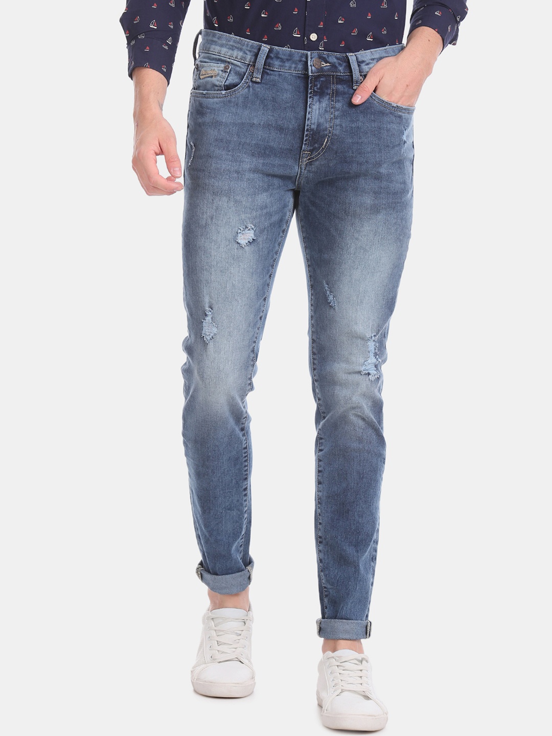 

Aeropostale Men Blue Skinny Fit Mid-Rise Low Distress Stretchable Jeans