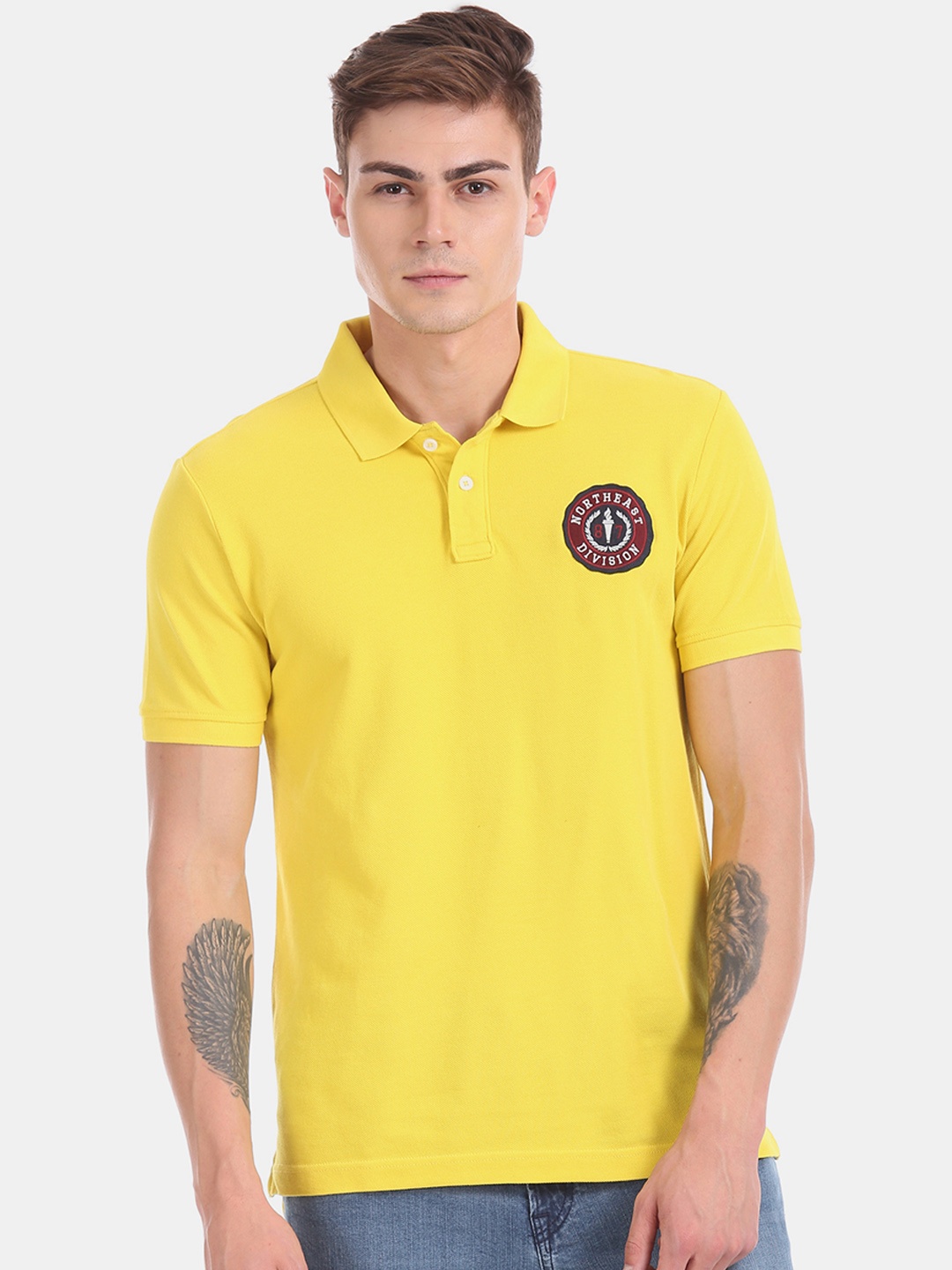 

Aeropostale Men Yellow Solid Polo Collar Pure Cotton T-shirt