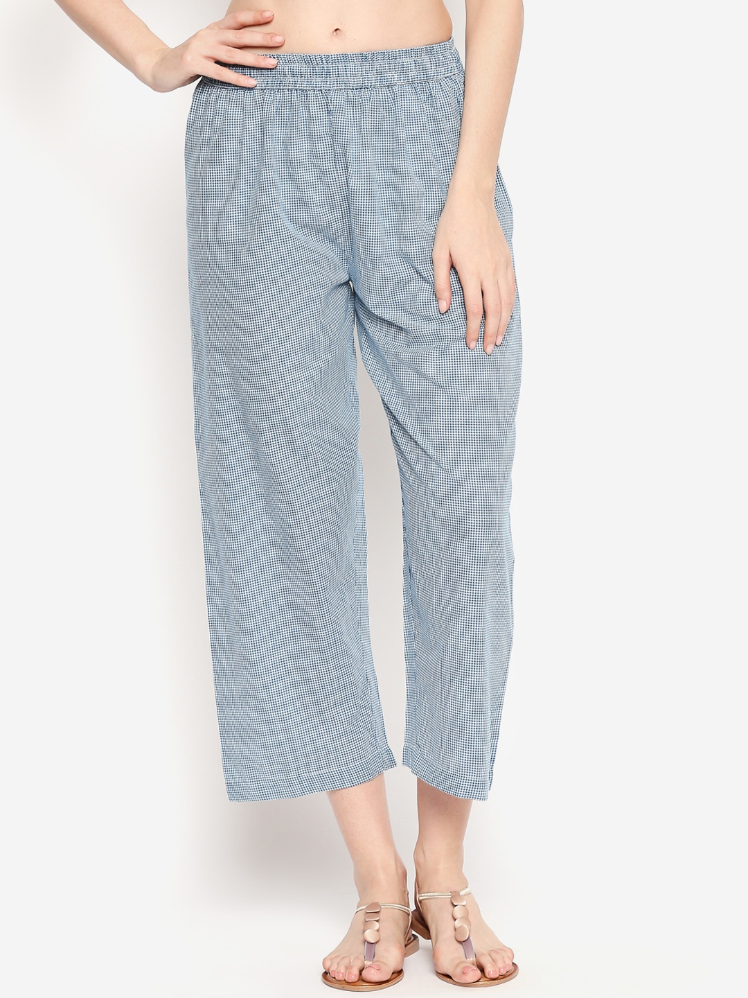 

RANGMANCH BY PANTALOONS Women Blue & White Regular Fit Checked Parallel Trousers