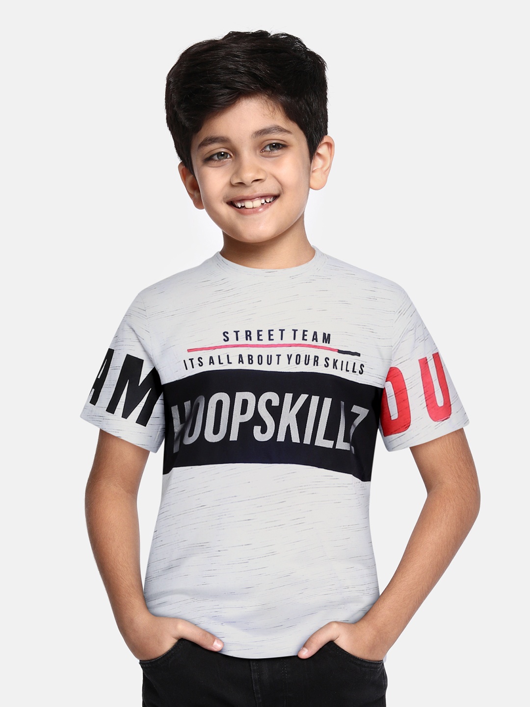

Pantaloons Junior Boys White Black Printed Round Neck Pure Cotton T-shirt