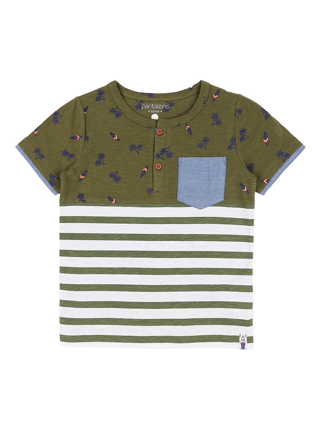 

Pantaloons Junior Boys Olive Green Striped Mandarin Collar Pure Cotton T-shirt