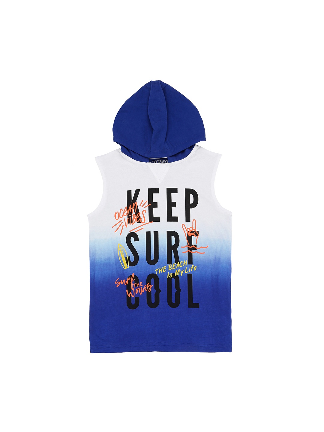 

Pantaloons Junior Boys White Blue Printed Hood Pure Cotton T-shirt