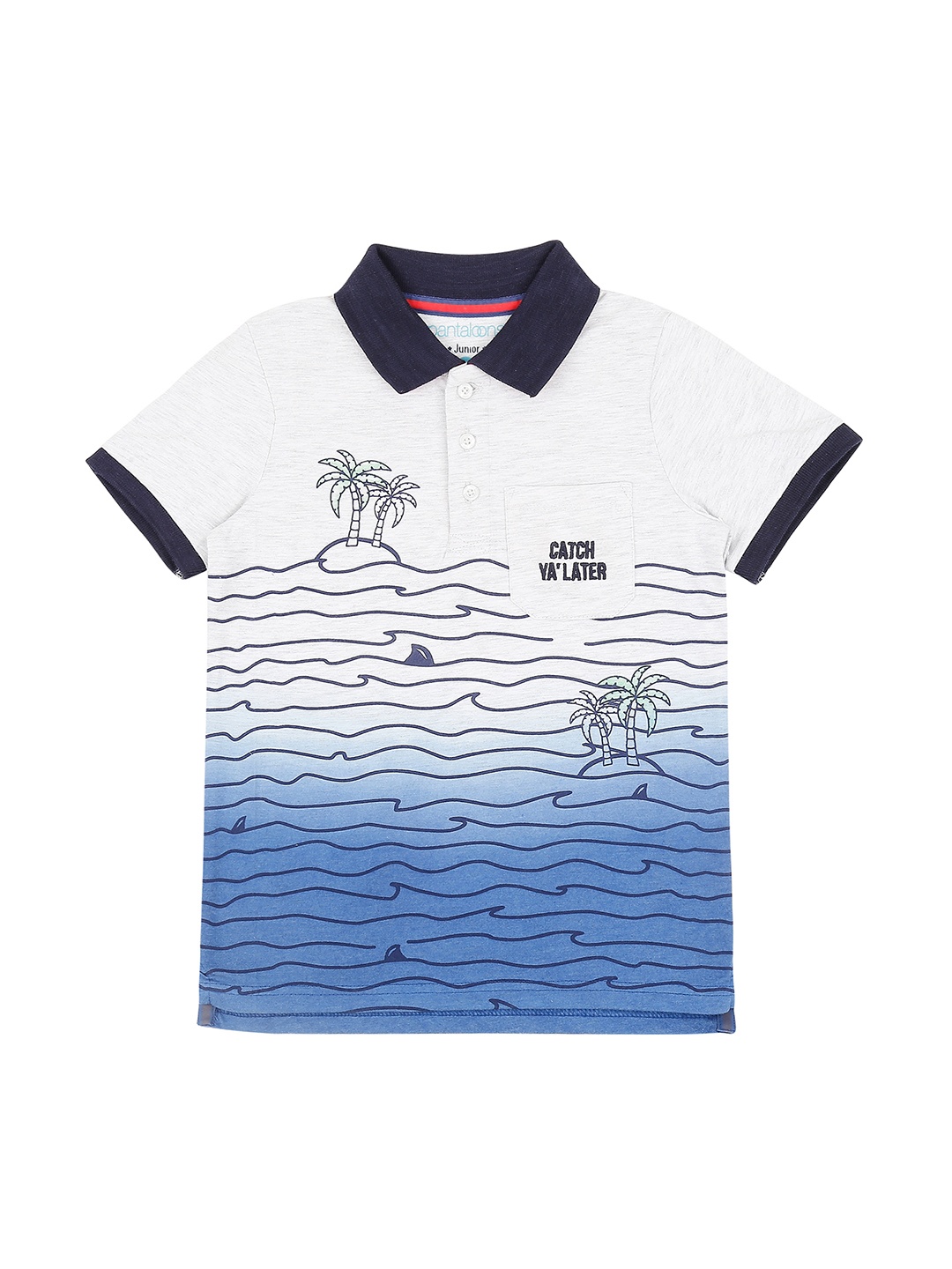 

Pantaloons Junior Boys Grey Melange Blue Striped Polo Collar Pure Cotton T-shirt