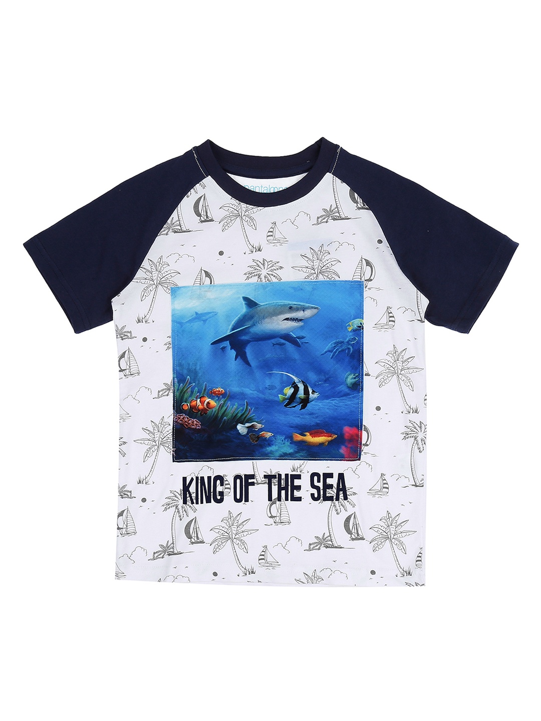 

Pantaloons Junior Boys White Blue Printed Round Neck Pure Cotton T-shirt