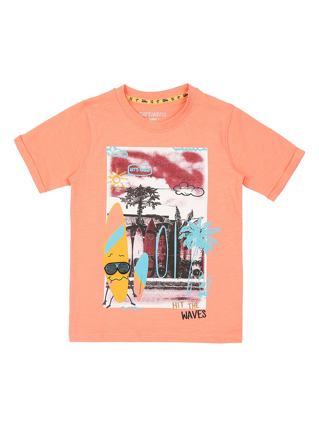 

Pantaloons Junior Boys Orange Printed Round Neck Pure Cotton T-shirt