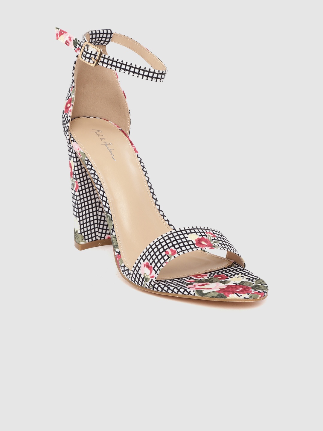 

Mast & Harbour Women Black & White Checked Block Heels with Floral Print Detail