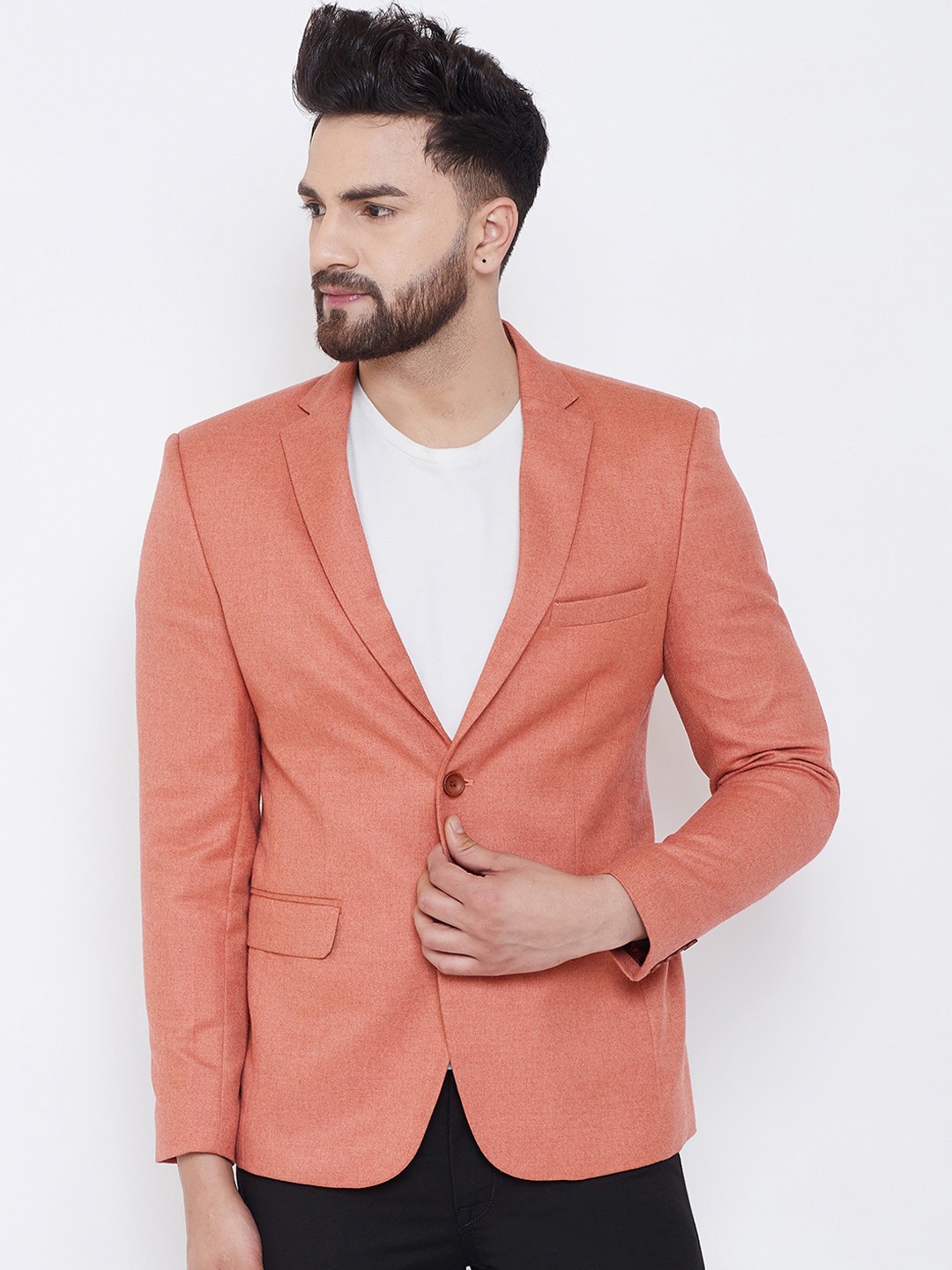 

Canary London Men Orange Solid Slim-Fit Single-Breasted Casual Blazer
