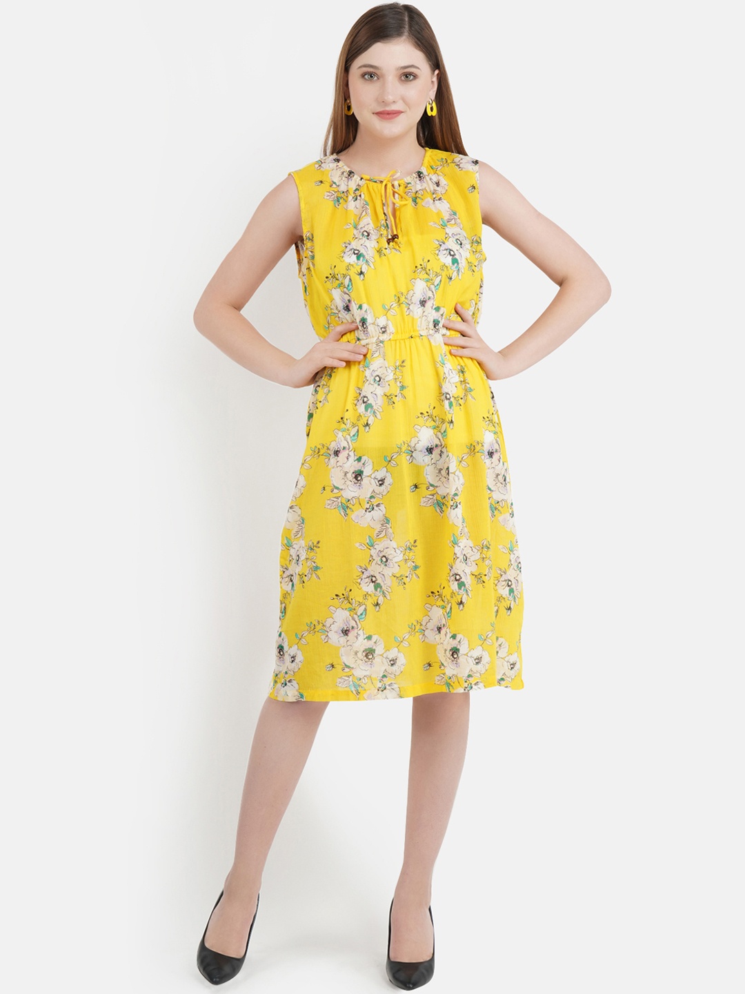 

Aditi Wasan Yellow & White Floral Tie-Up Neck Dress