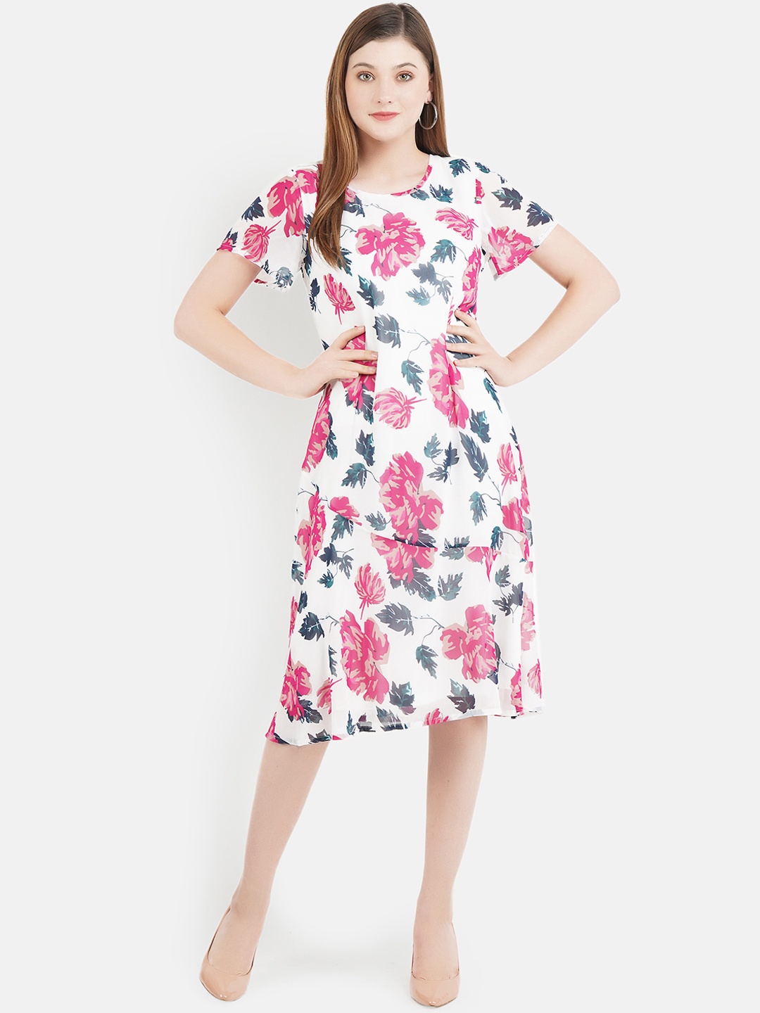 

Aditi Wasan White & Pink Floral Sheath Midi Dress