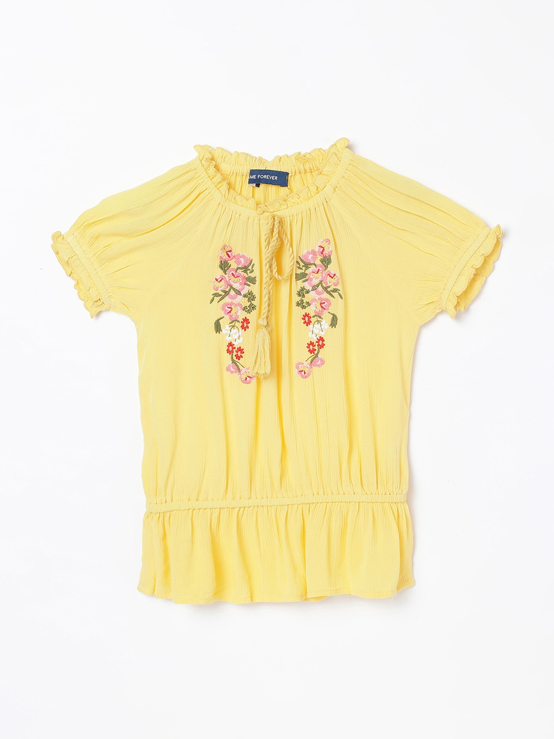 

Fame Forever by Lifestyle Girls Yellow Floral Embroidered Peplum Top