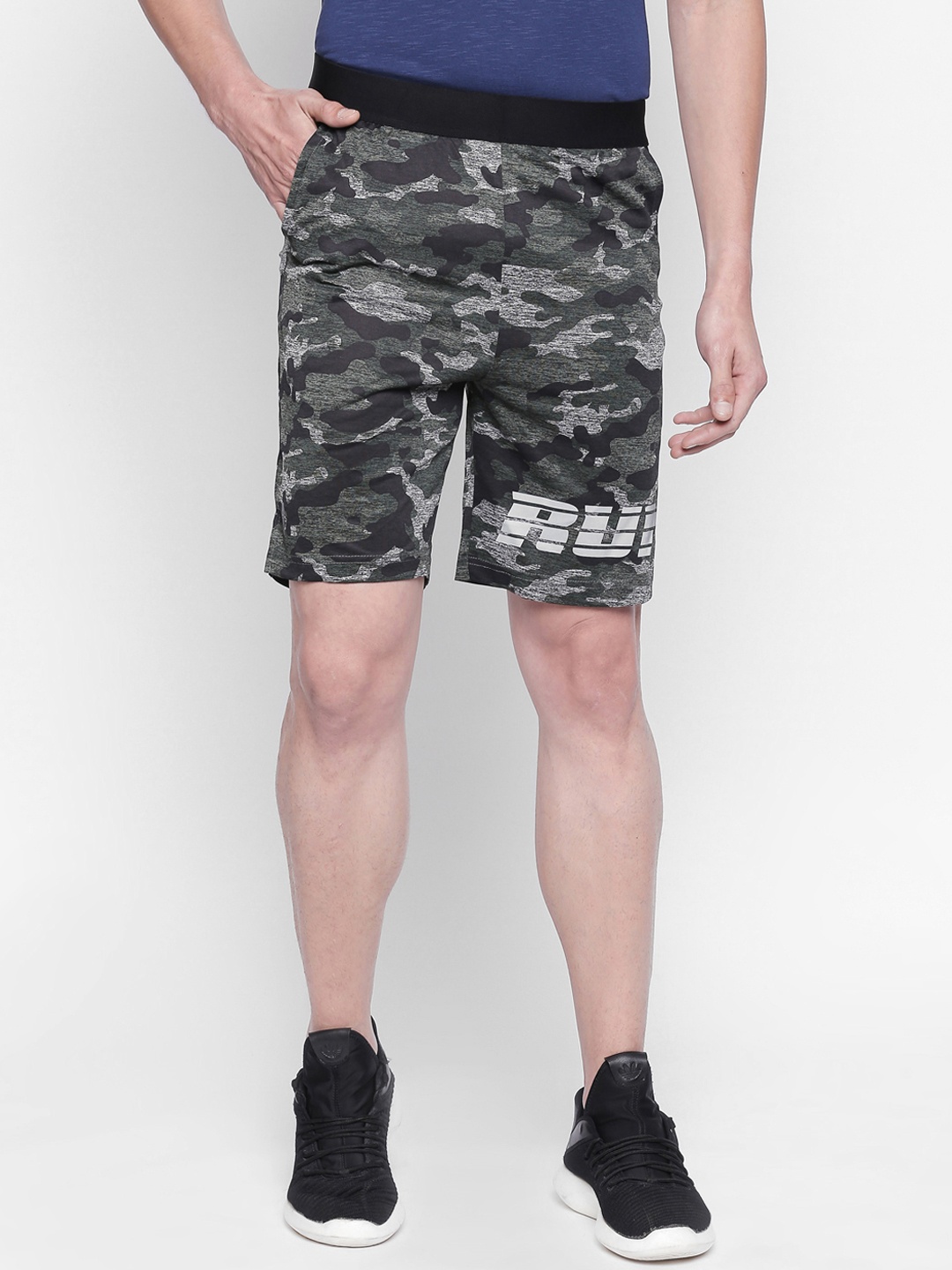 

Ajile by Pantaloons Men Olive Green & Grey Printed Slim Fit Sports Shorts