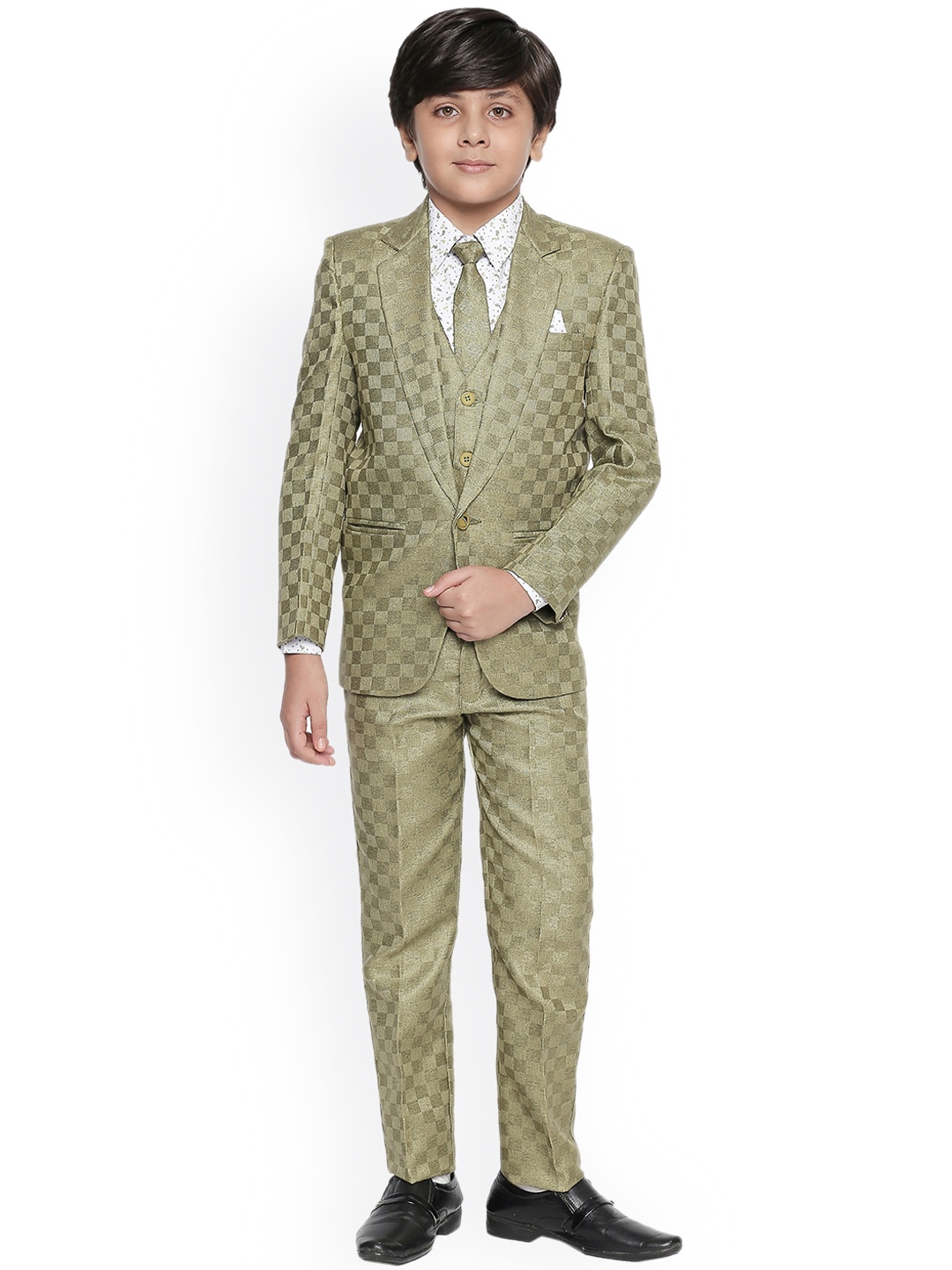 

Jeetethnics Boys Olive Green Self Design 5 Piece Suit