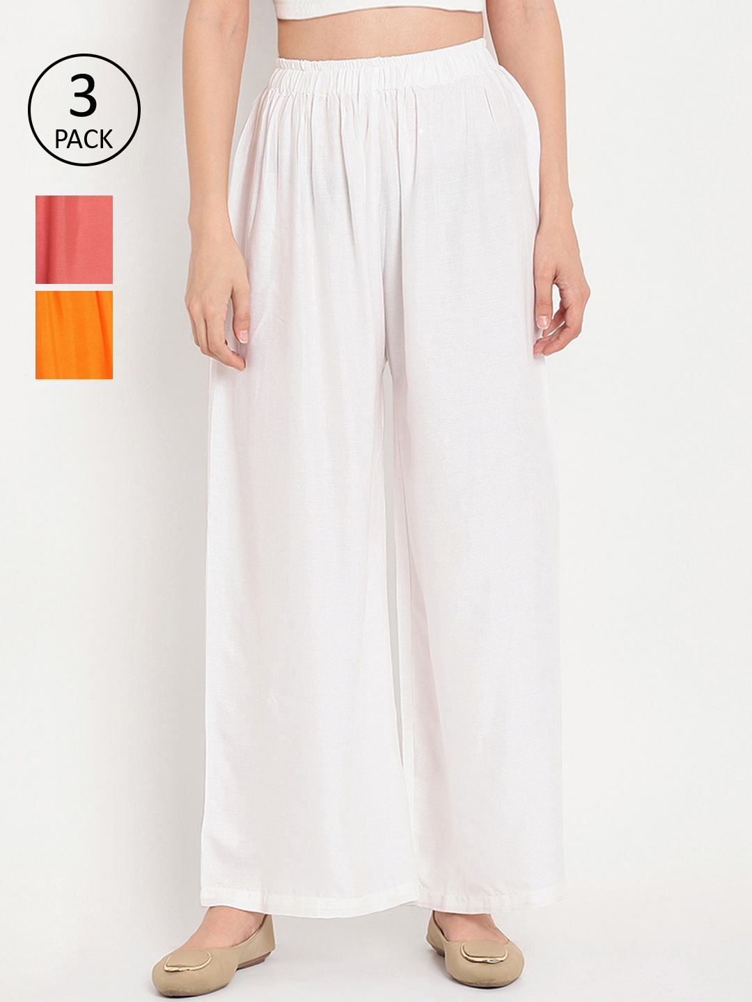 

TAG 7 Women Pack of 3 Solid Flared Palazzos, White