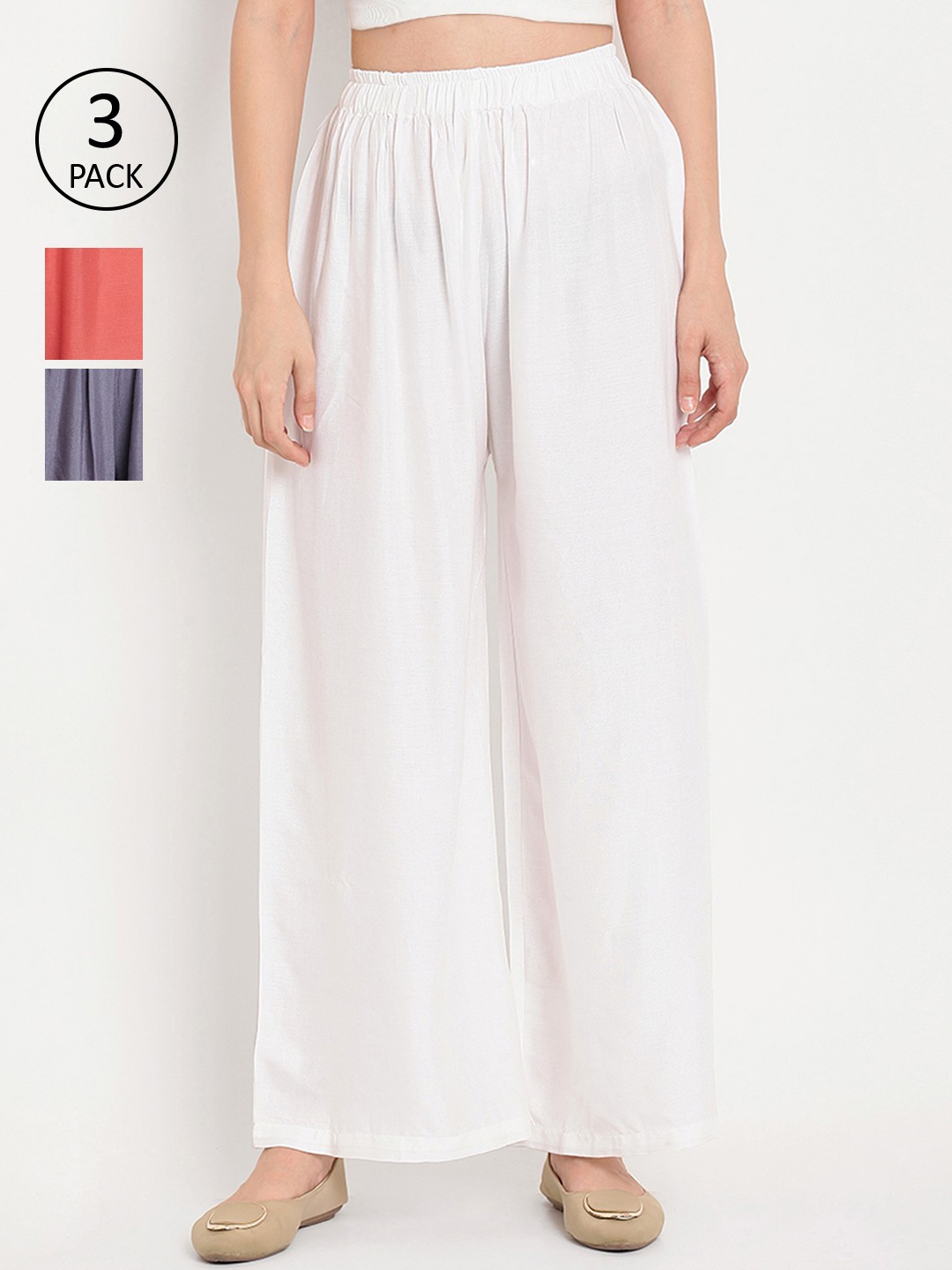 

TAG 7 Women Set of 3 Solid Wide Leg Palazzos, White