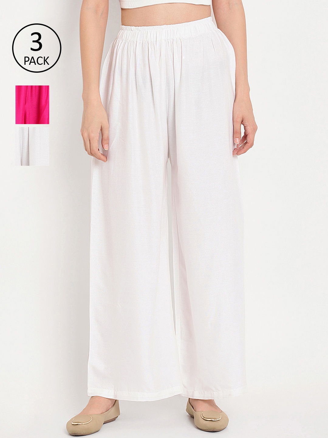 

TAG 7 Women Pack of 3 Solid Flared Palazzos, White