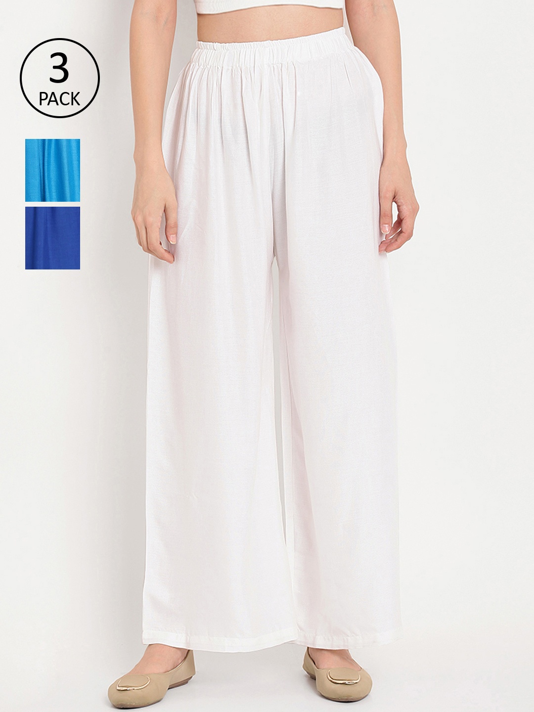 

TAG 7 Women Pack of 3 Solid Flared Palazzos, White
