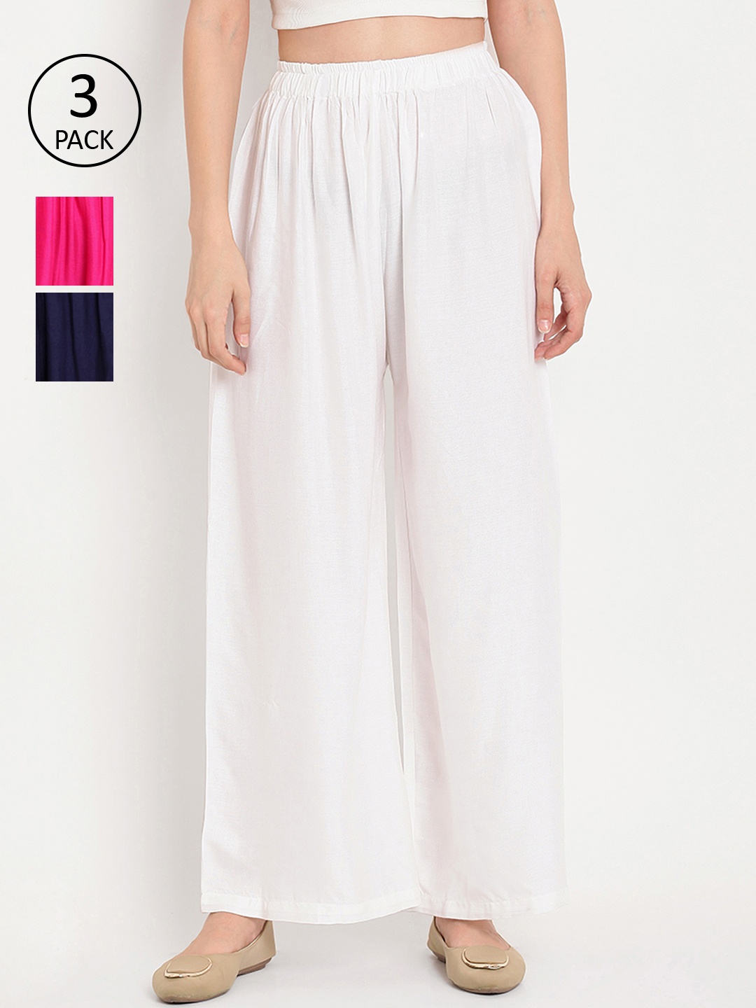 

TAG 7 Women Pack of 3 Solid Flared Palazzos, White