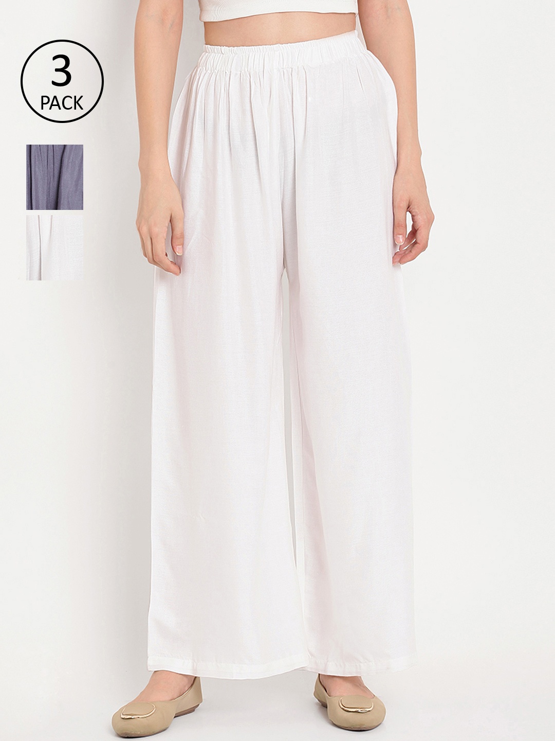 

TAG 7 Women Set of 3 Solid Wide Leg Palazzos, White