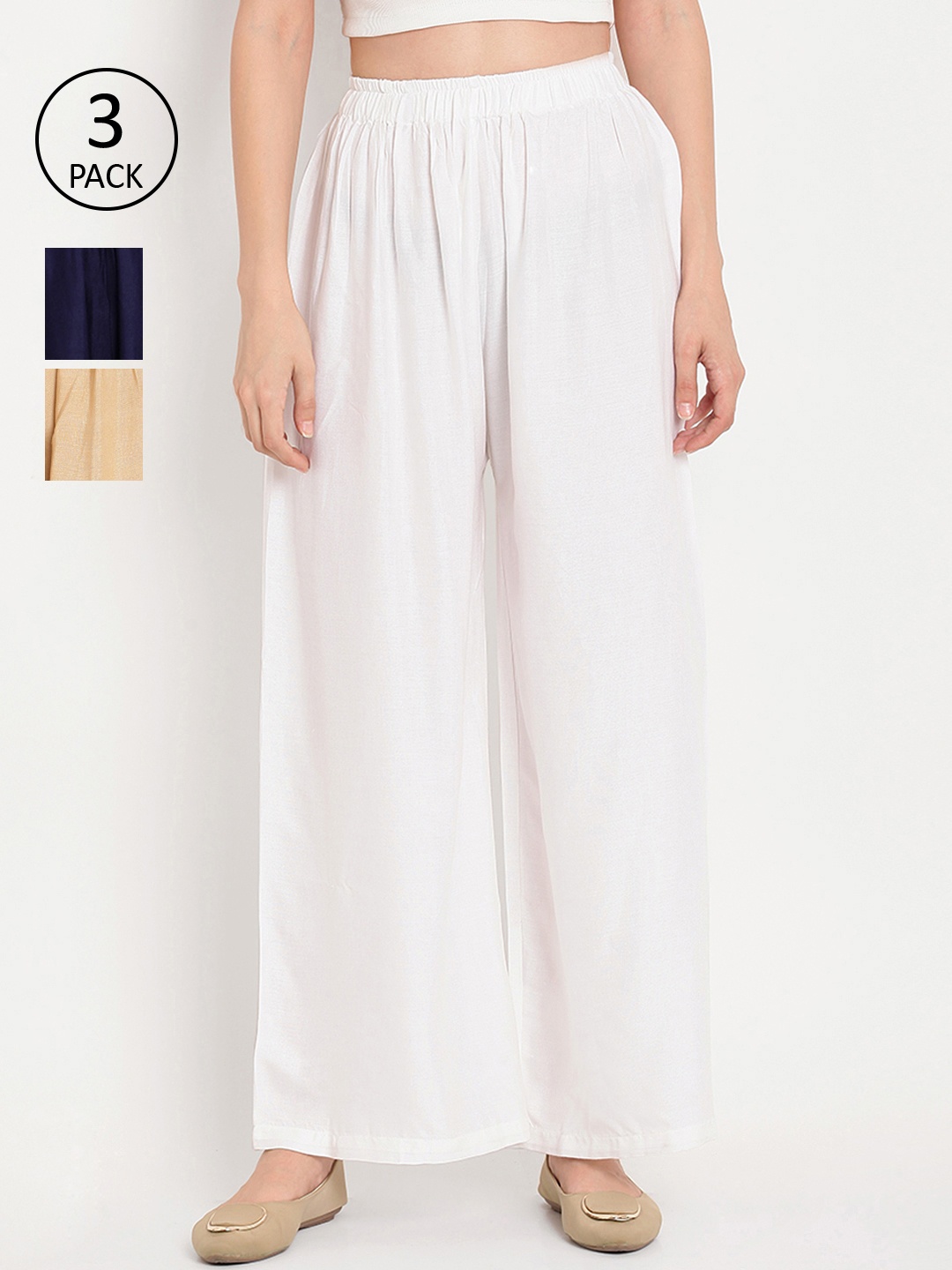 

TAG 7 Women Pack of 3 Solid Flared Palazzos, White