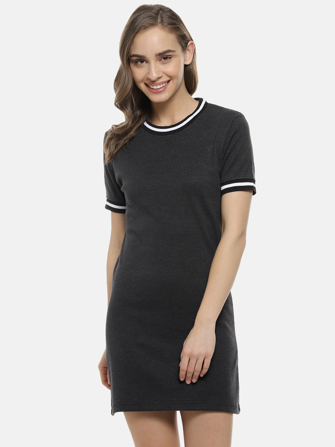 

Campus Sutra Women Black Solid Knitted T-shirt Dress