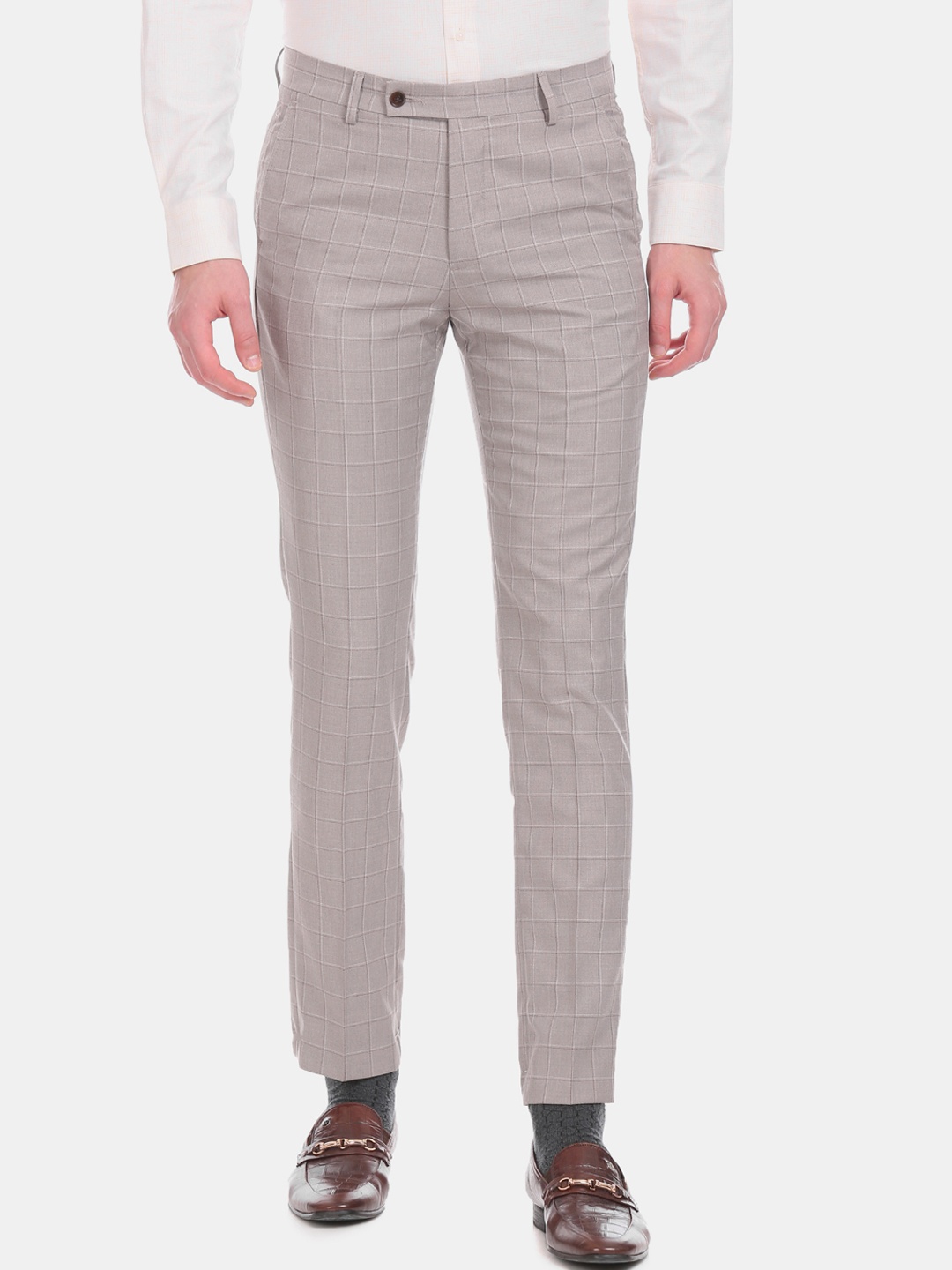 

Arrow Men Beige Slim Fit Checked Formal Trousers