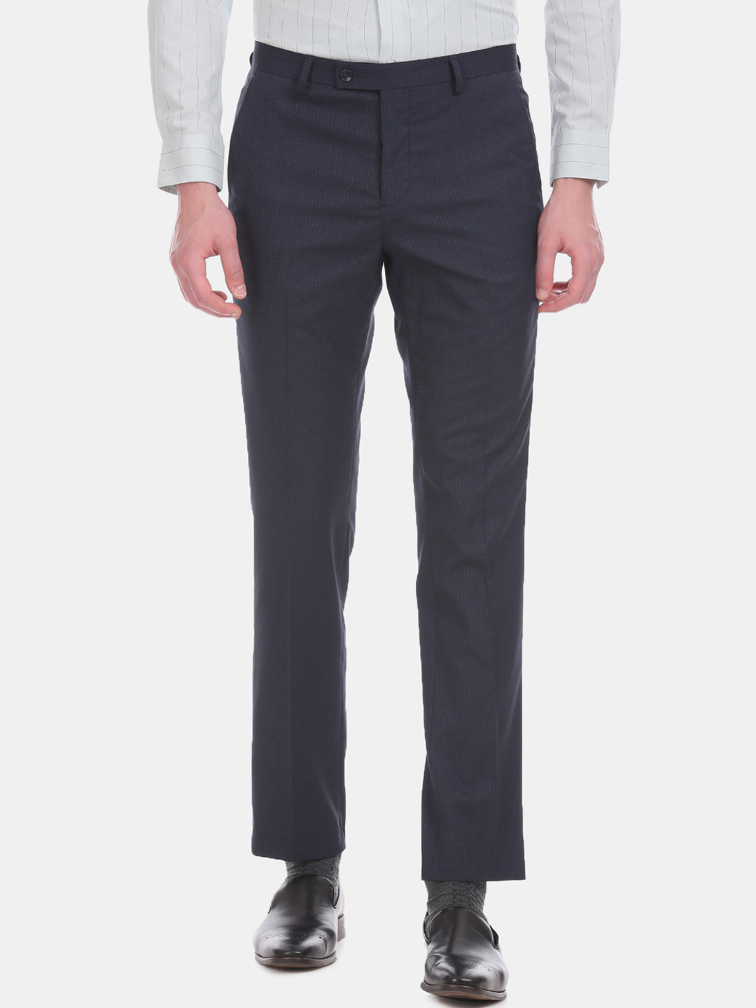 

Arrow Men Navy Blue Tapered Fit Striped Formal Trousers