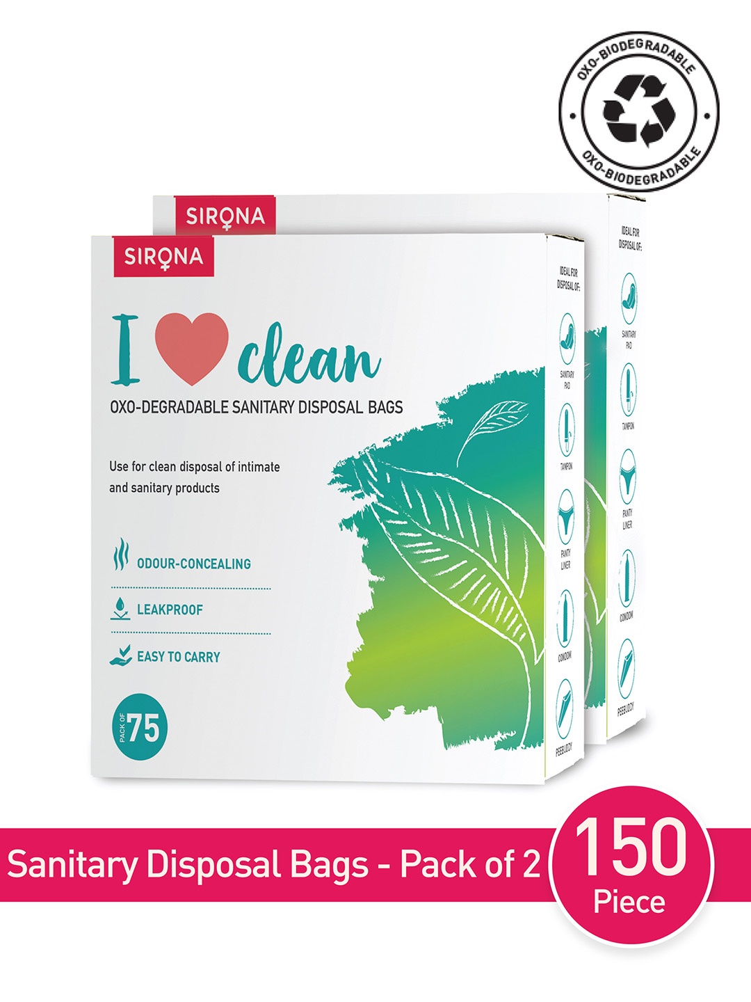 

Sirona Pack of 2 Sanitary and Diaper Disposal Bags - 150 Bags (75 Bags Each), Green