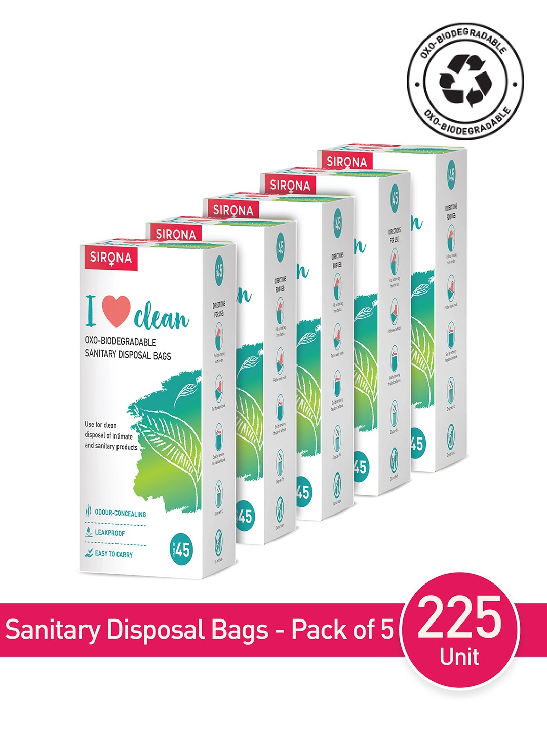 

Sirona Women Set Of 5 Sanitary & Diapers Disposal Bag 45 bags Each, Green