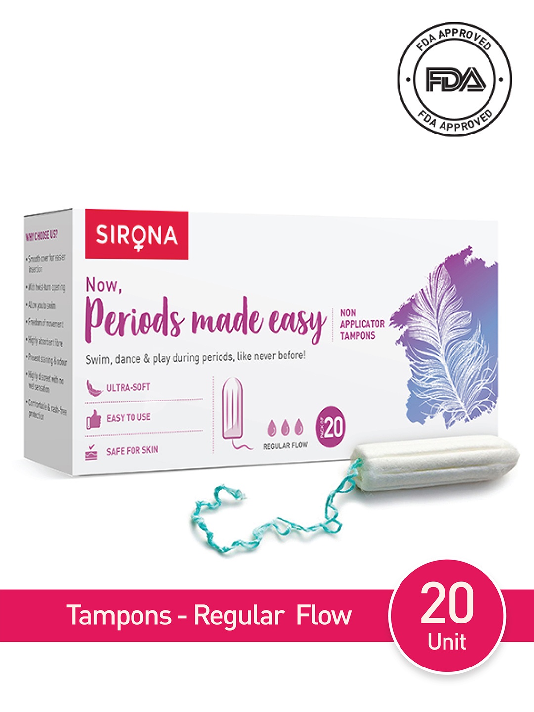 

Sirona 20 FDA Approved Premium Regular Flow Digital Tampons, Purple
