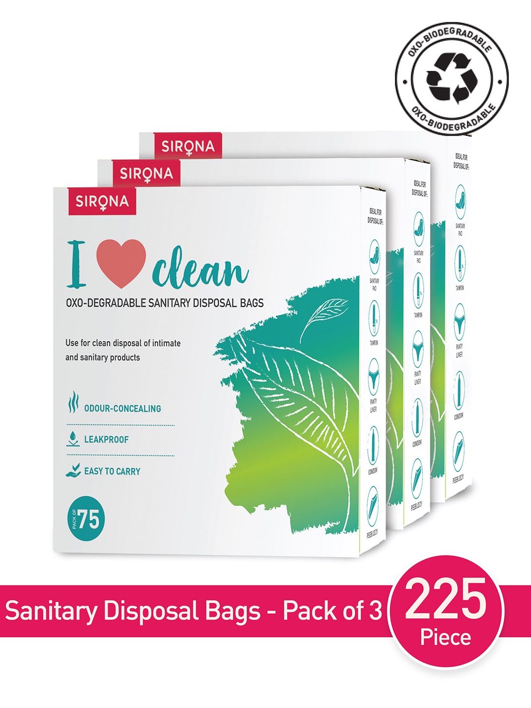 

Sirona Pack of 3 Sanitary and Diaper Disposal Bags - 225 Bags (75 Bags Each), Green