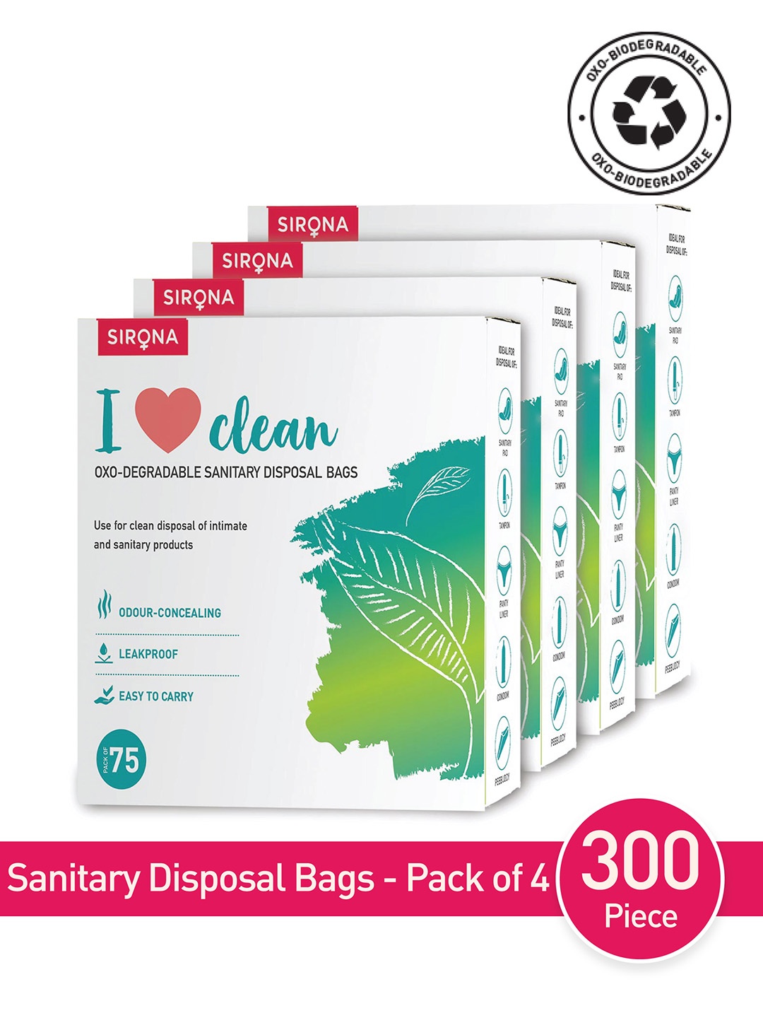 

Sirona Pack of 4 Sanitary and Diaper Disposal Bags (300 Bags 75 Bags Each Pack), Green