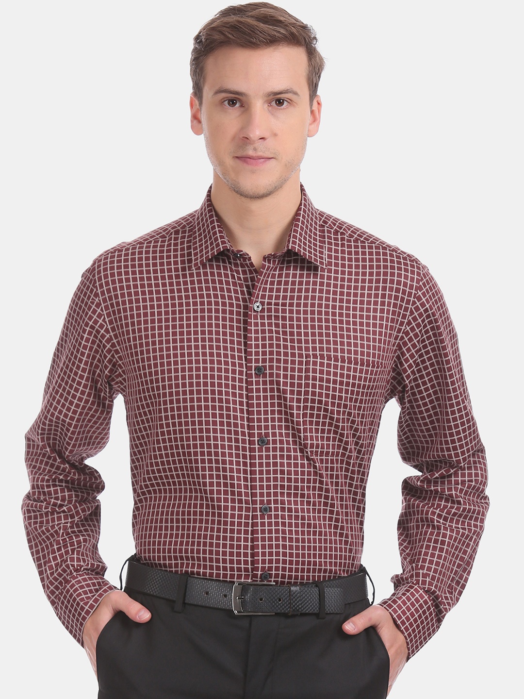 

Arrow Men Maroon & Brown Regular Fit Checked Formal Shirt