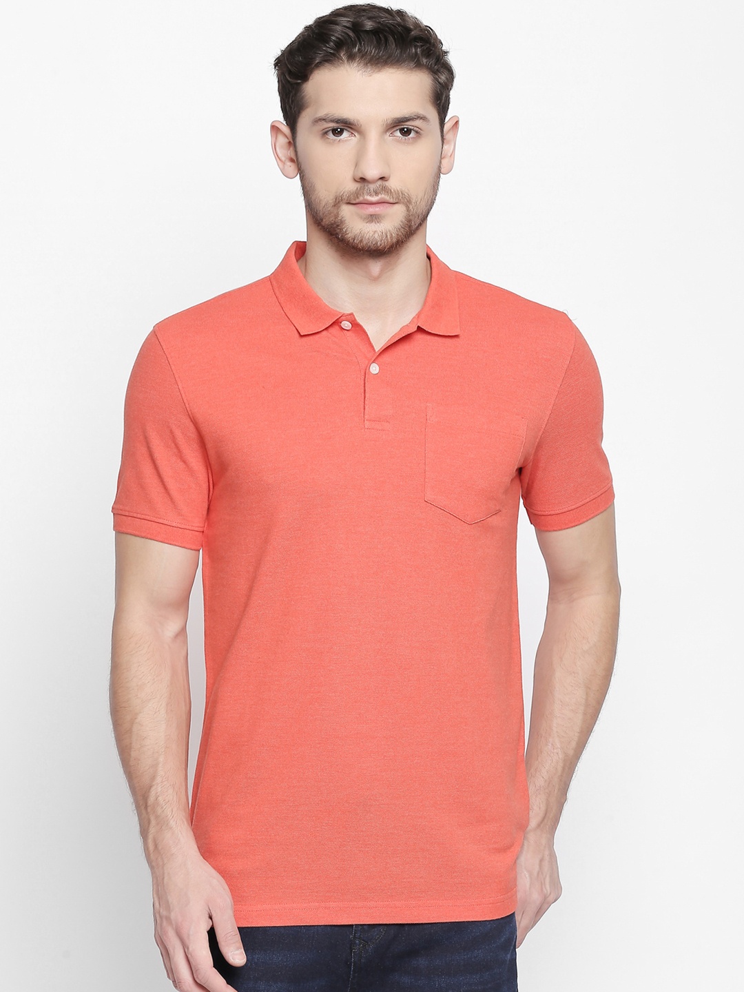 

BYFORD by Pantaloons Men Coral Orange Solid Polo Collar T-shirt