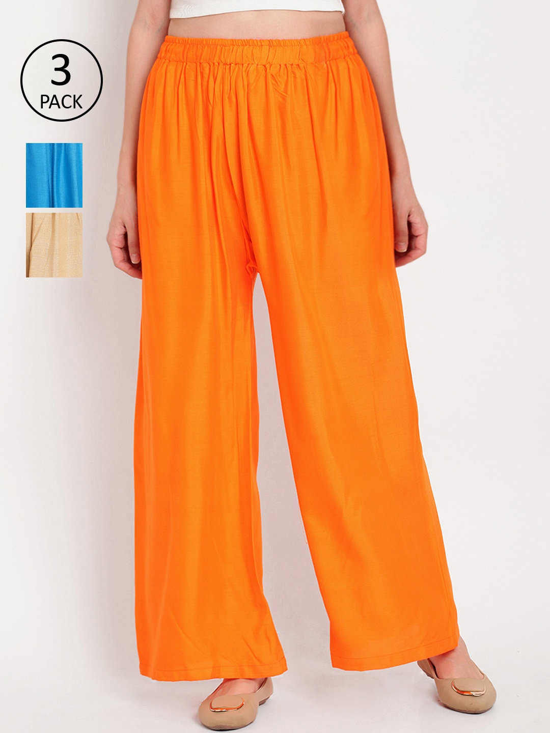 

TAG 7 Women Pack of 3 Solid Flared Palazzos, Orange