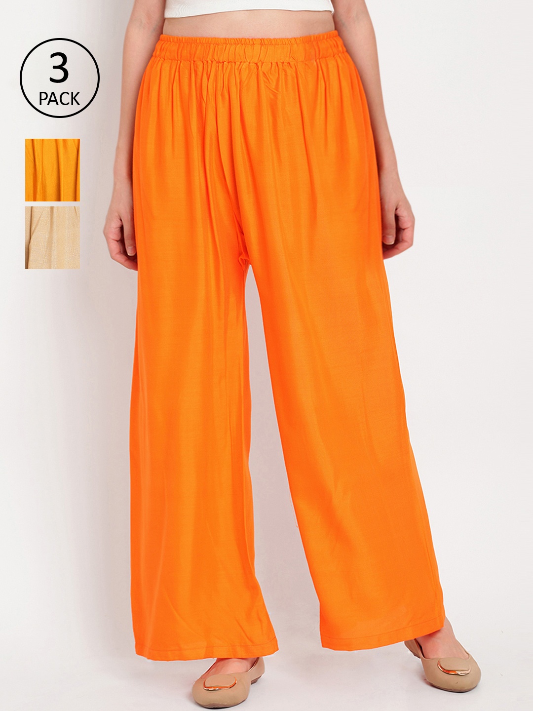 

TAG 7 Women Pack of 3 Solid Flared Palazzos, Orange