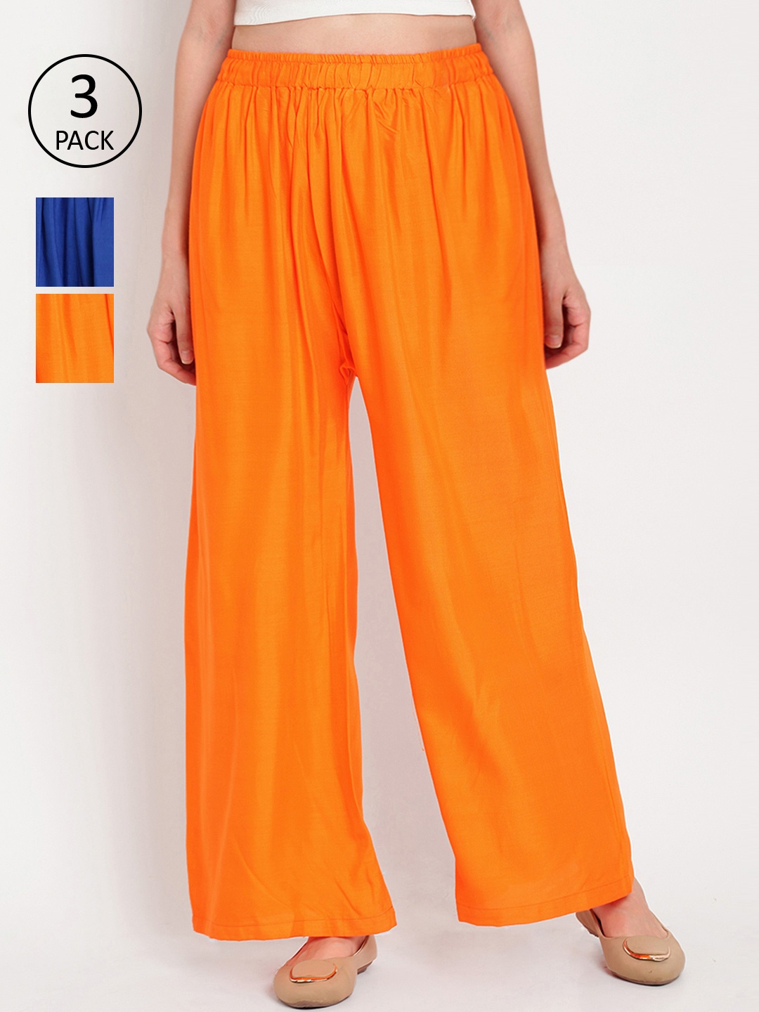 

TAG 7 Women Pack of 3 Solid Flared Palazzos, Orange