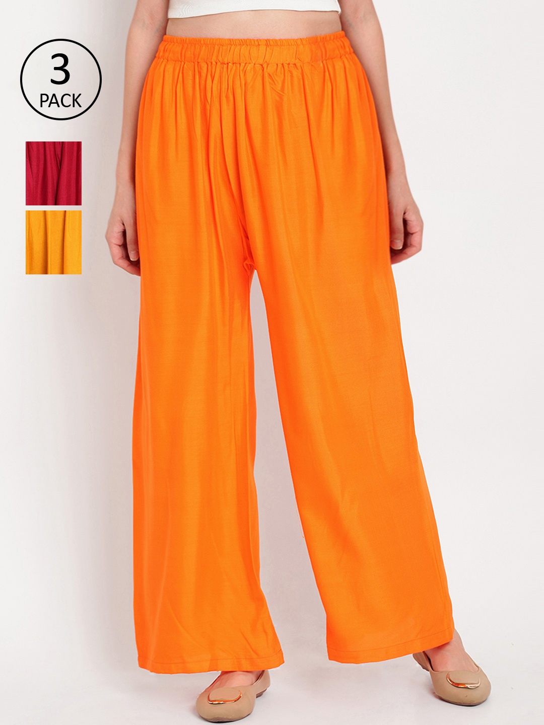 

TAG 7 Women Pack of 3 Solid Flared Palazzos, Orange
